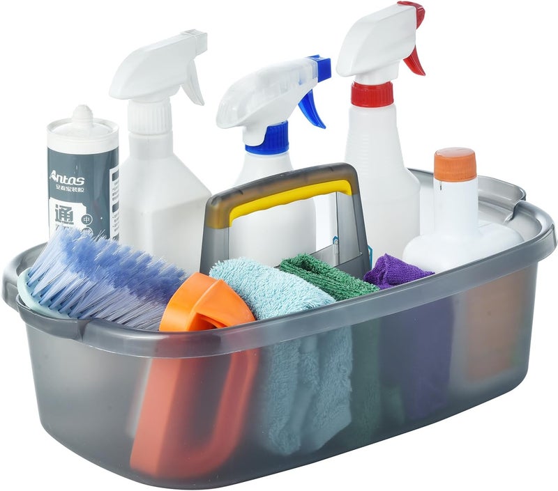 Haundry Large Cleaning Caddy with Handle, Cleaning Tool Storage Basket Organizer, Sturdy Pail Bucket Organizer, Household Bucket for Cleaning Supplies - Clear Grey - Image 1